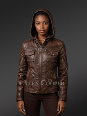 Hooded Motorcycle Leather Jacket with Chest Pockets
