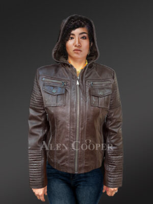 Hooded Motorcycle Leather Jacket with Chest Pockets