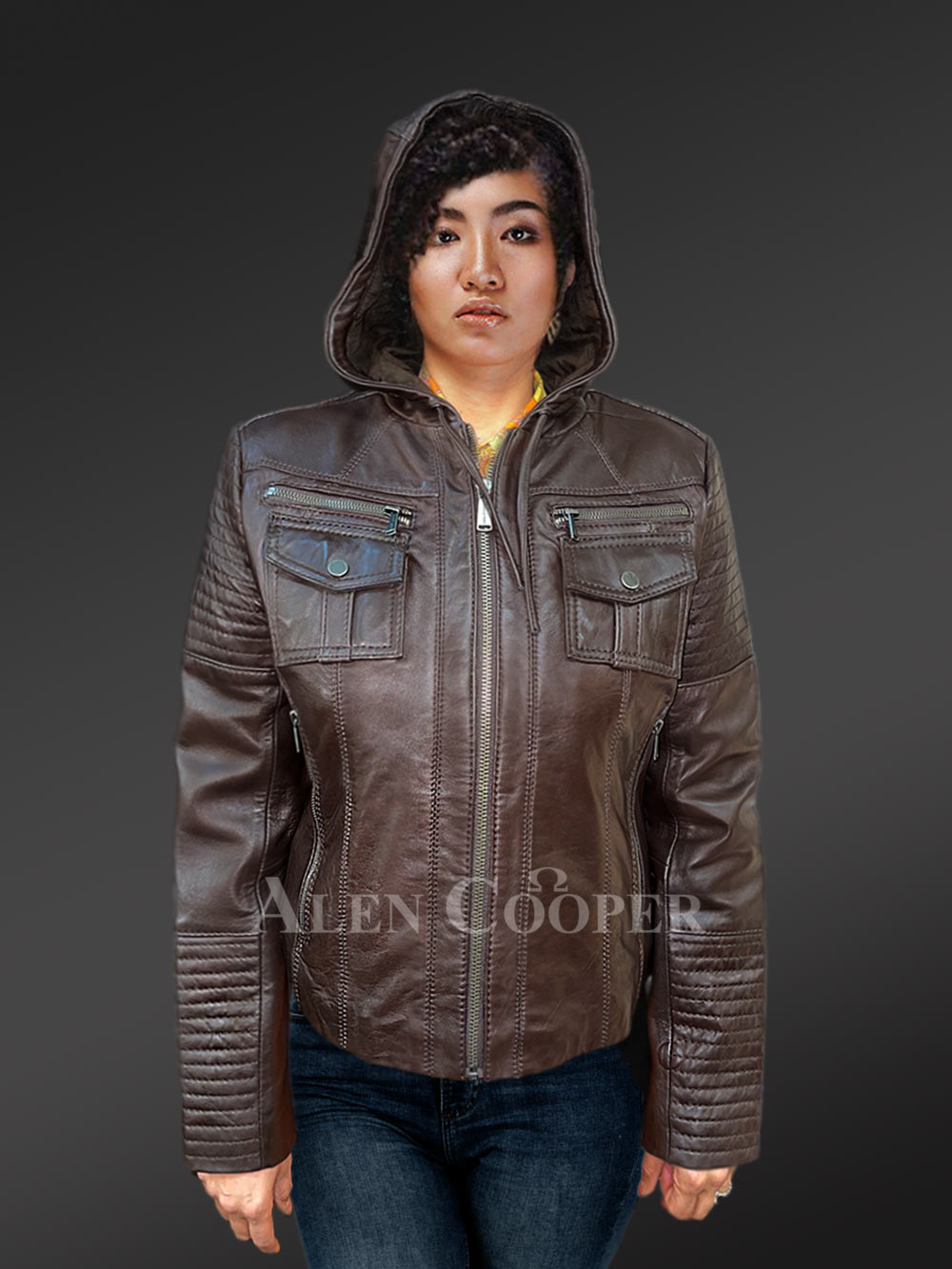 Hooded Motorcycle Leather Jacket with Chest Pockets