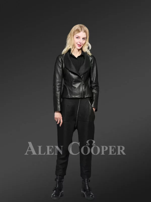 Women’s Zippered Biker Crop Jacket in Black - Image 2