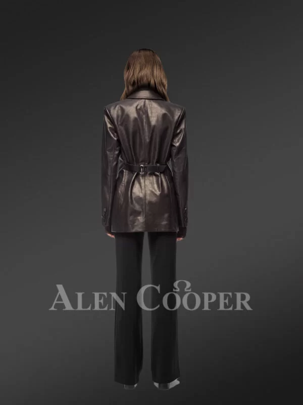 Tee Length Womens Authentic Leather Coat with Martingale - Image 4