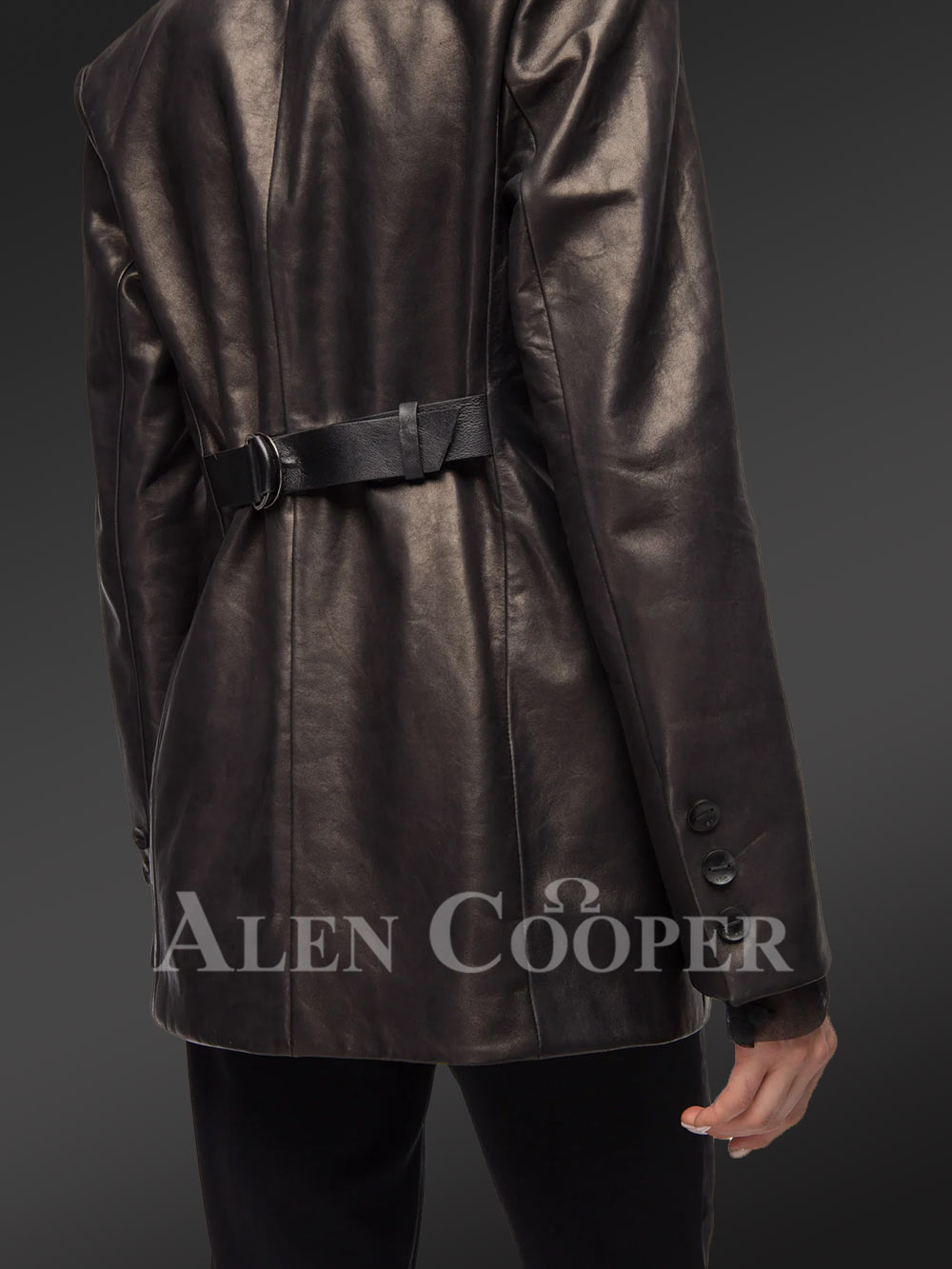 Tee Length Womens Authentic Leather Coat with Martingale - Image 5