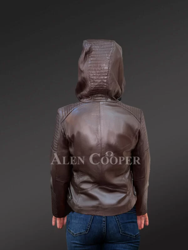 Hooded Motorcycle Leather Jacket with Chest Pockets - Image 3