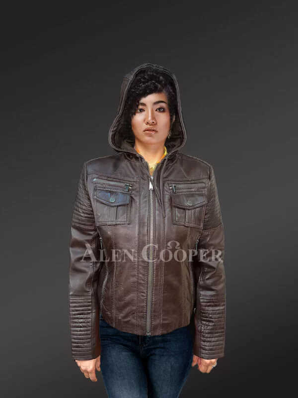 Hooded Motorcycle Leather Jacket with Chest Pockets - Image 2