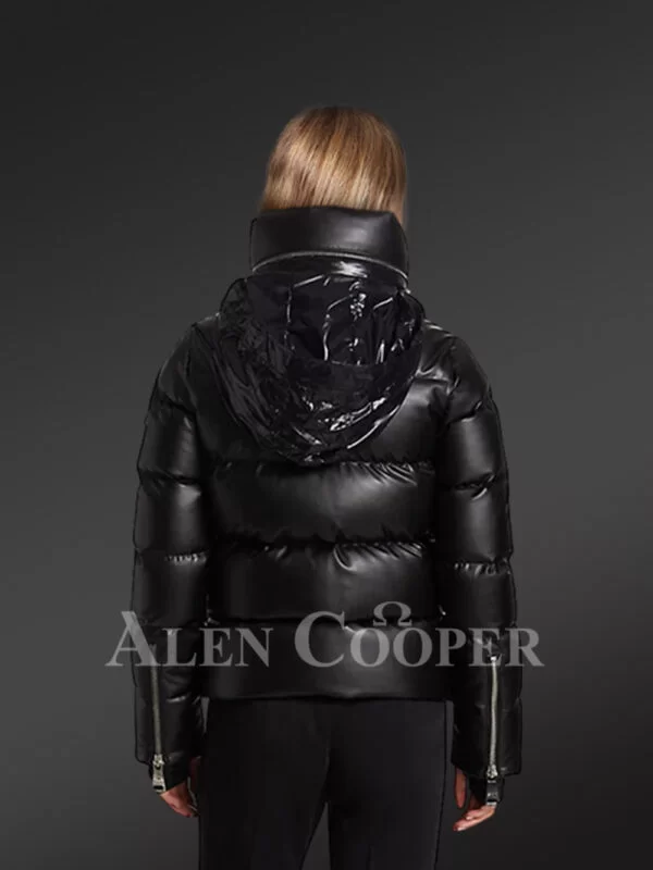 goose down leather jacket with hood