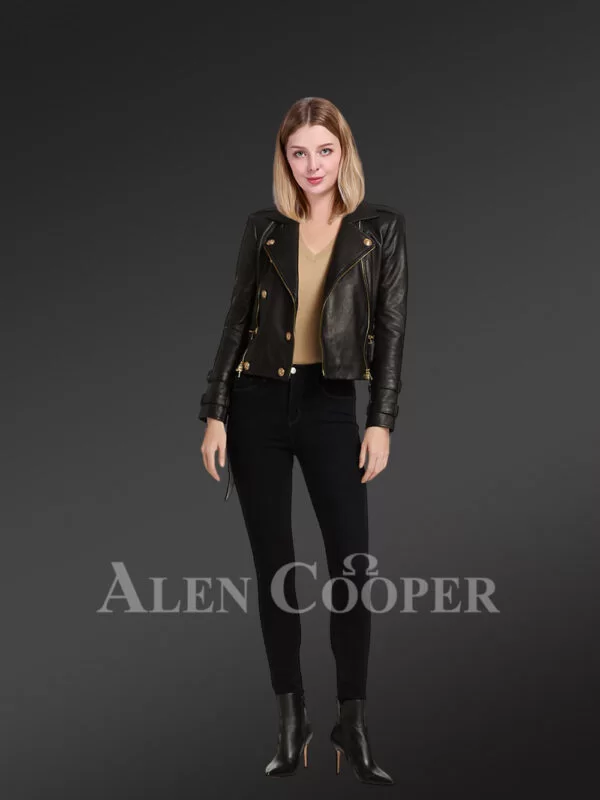 Double Breast Leather Jacket with Belted Waist and Cuffs - Image 3
