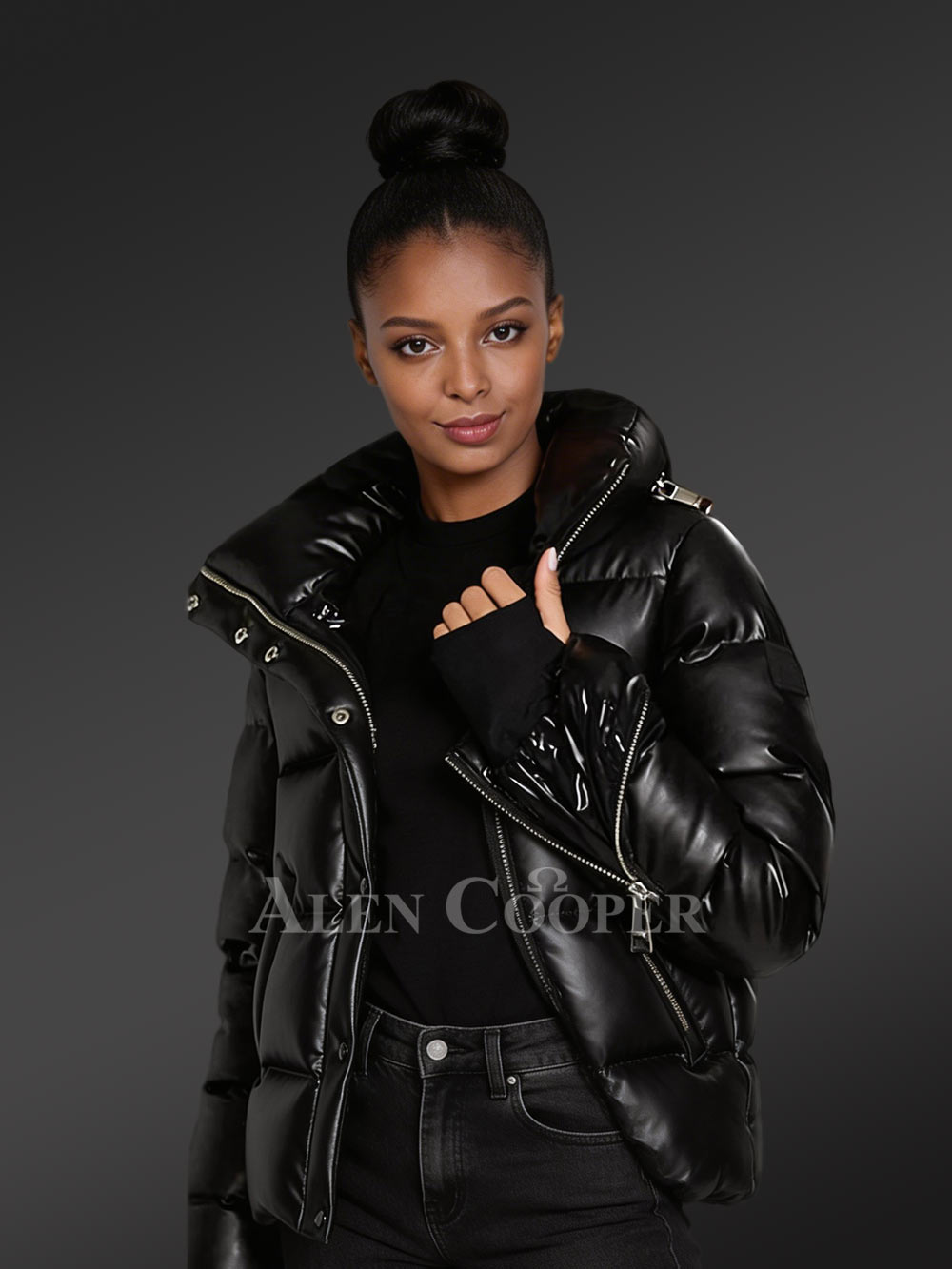 Women’s Goose Down Leather Jacket With Collared Neck And Hood