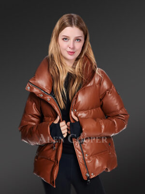 Womens Goose Down Puffer Jacket With Collared Neck And Thumbhole