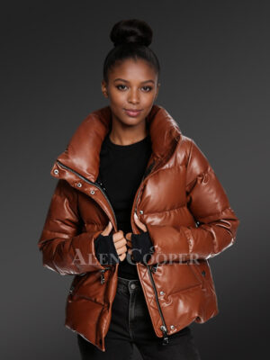 Womens Goose Down Puffer Jacket With Collared Neck And Thumbhole