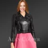 Metallic Crop Leather Jacket in black front close view