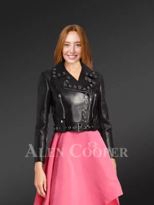 Metallic Crop Leather Jacket in black front close view