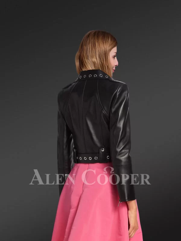 Metallic Crop Leather Jacket in black back view