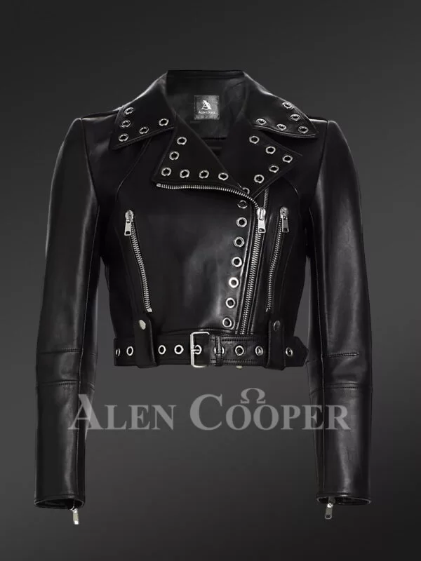 Metallic Crop Leather Jacket in black front view