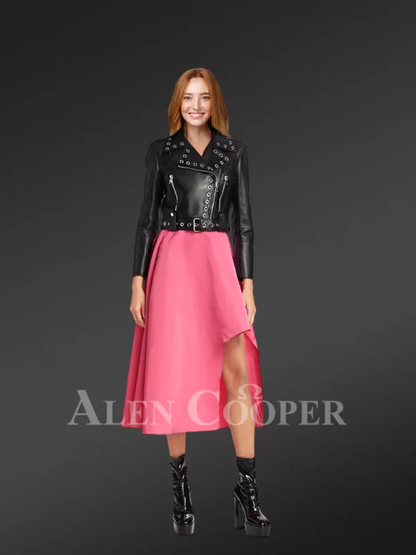 Metallic Crop Leather Jacket in black full view