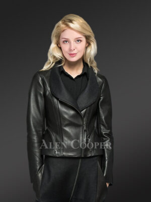 Women’s Zippered Biker Crop Jacket in Black