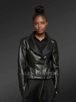 Women’s Zippered Biker Crop Jacket in Black