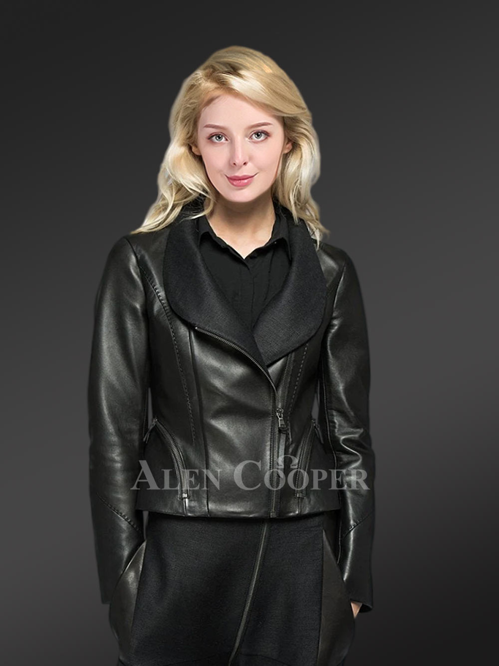 Women’s Zippered Biker Crop Jacket in Black
