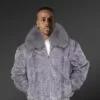 Iconic Grey Real Mink Fur Front Zipper Classic Bomber Jacket