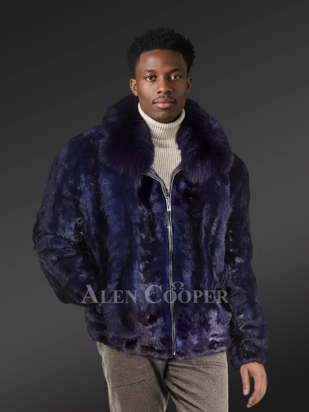 Men Mink Fur Bomber Coat with fox fur Collar
