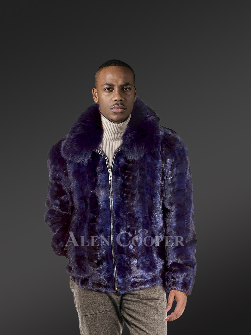 Men Mink Fur Bomber Coat with fox fur Collar