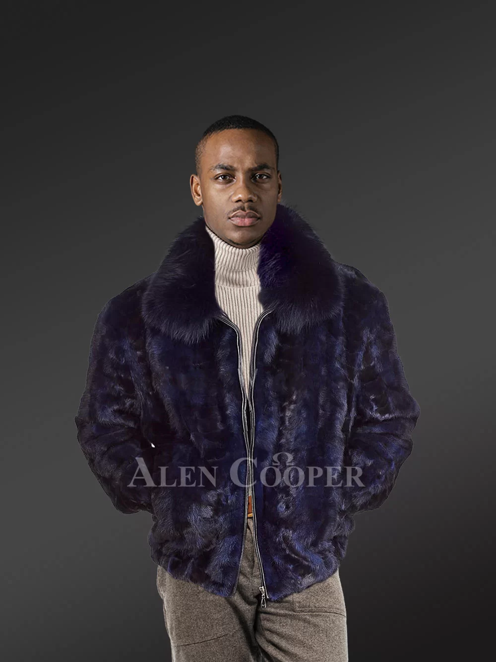 Alen Cooper Mink Fur Bomber Jacket with Hood for Men