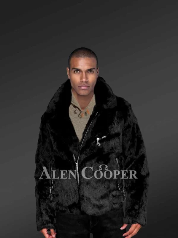 Biker Rabbit Fur Jacket in Stunning Black - Image 2