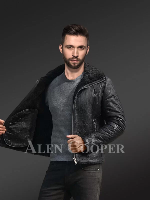 Sheepskin Men Jacket with Leather Straps - Image 6