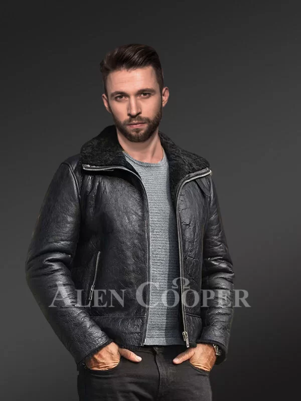 Sheepskin Men Jacket with Leather Straps - Image 3