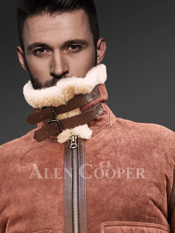 Men Sheepskin Jacket with Leather Straps - Image 4