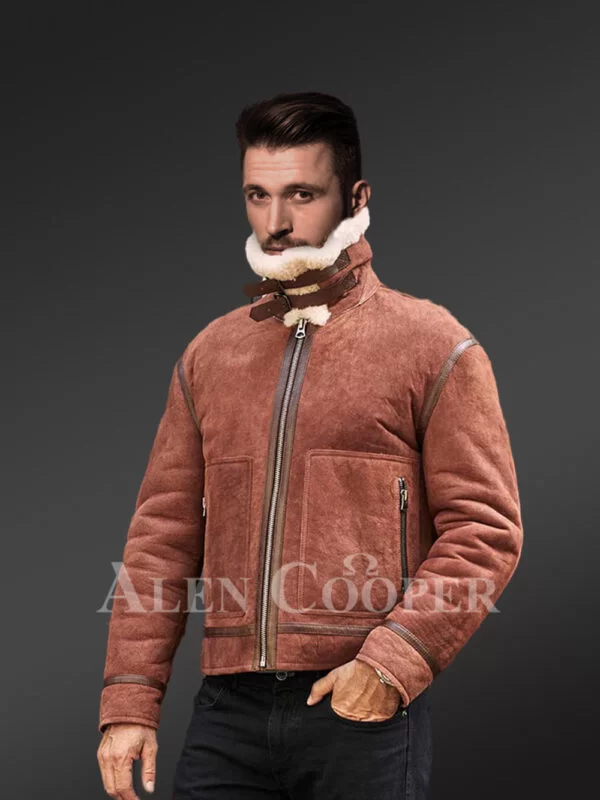 Men Sheepskin Jacket with Leather Straps - Image 3