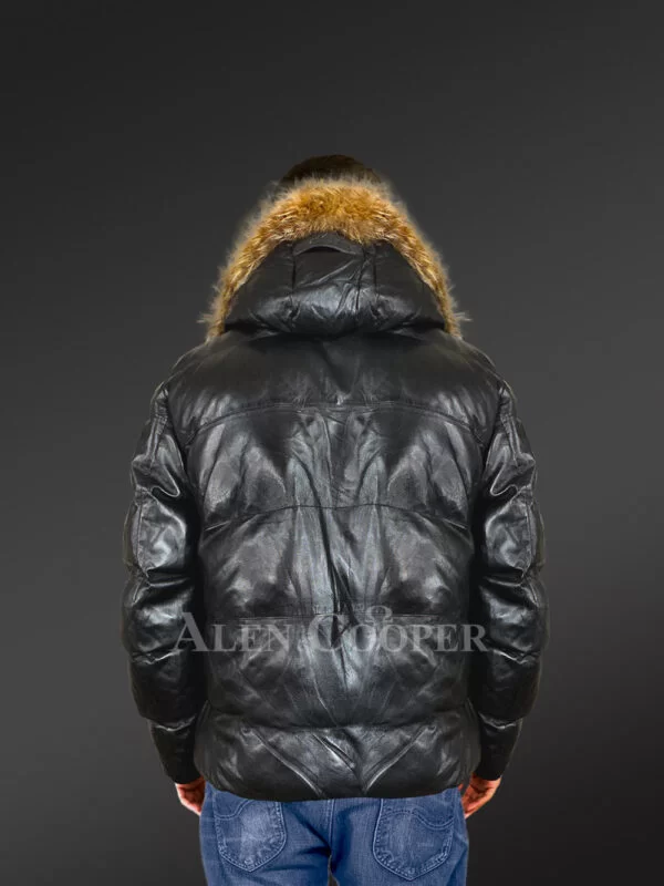 Goose Down Puffer Bomber for Men with Raccoon Fur Accents - Image 4