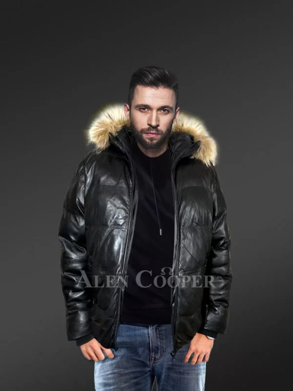 Goose Down Puffer Bomber for Men with Raccoon Fur Accents - Image 2