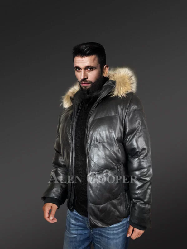 Goose Down Puffer Bomber for Men with Raccoon Fur Accents - Image 3