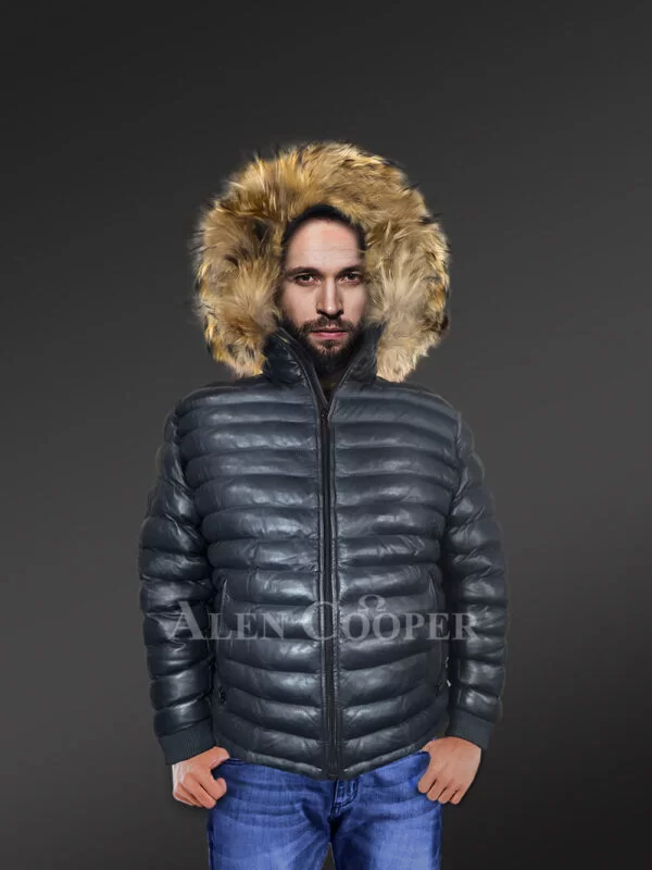 Classic Duck Down Leather bomber for Men with hood