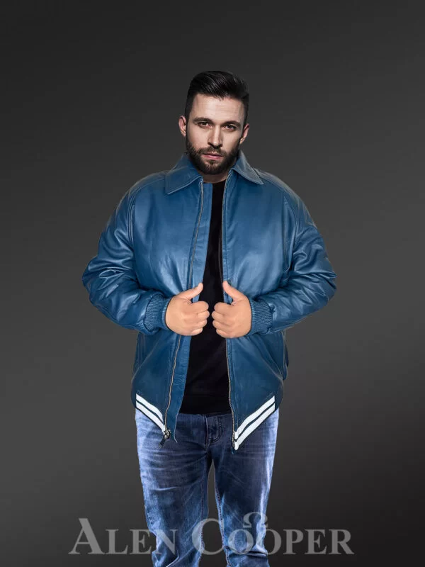 Leather Varsity Jacket for Men in Blue - Image 2