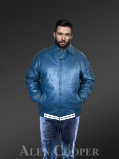 Leather Varsity Jacket for Men in Blue