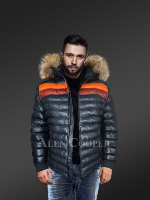 Down Leather Bomber with Raccoon Fur Hood