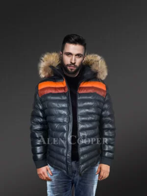 Down Leather Bomber with Raccoon Fur Hood