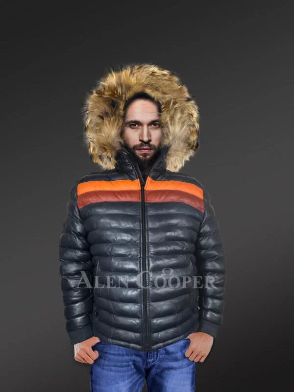 Down Leather Jacket with Fur Trims Accentuating the Hood - Image 4