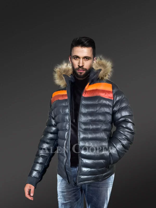 Down Leather Jacket with Fur Trims Accentuating the Hood - Image 2