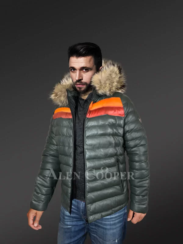 Goose Down Leather Bomber for Men with Vibrant Shades - Image 2