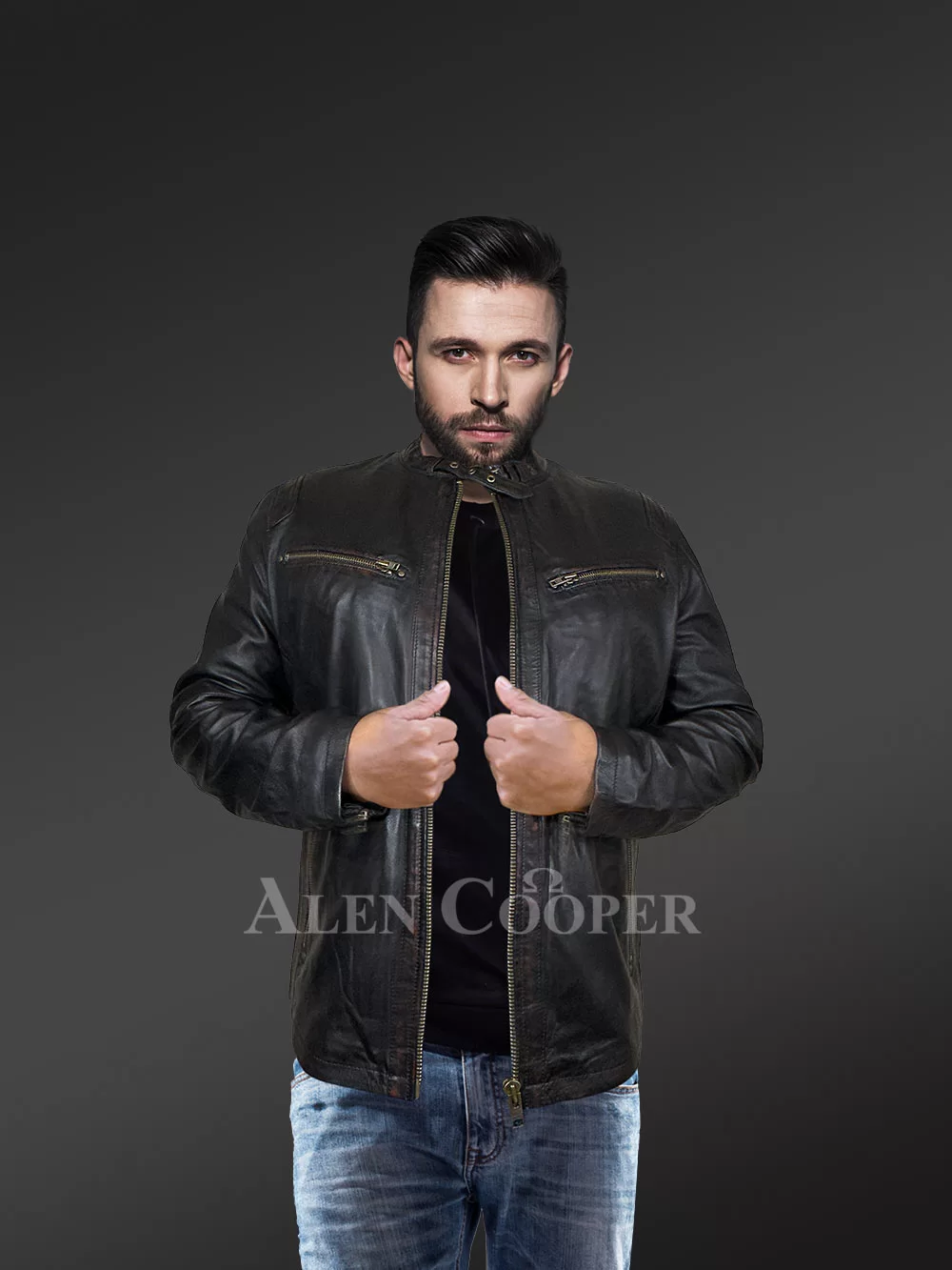 Leather Motorcycle Jacket with Band Collar