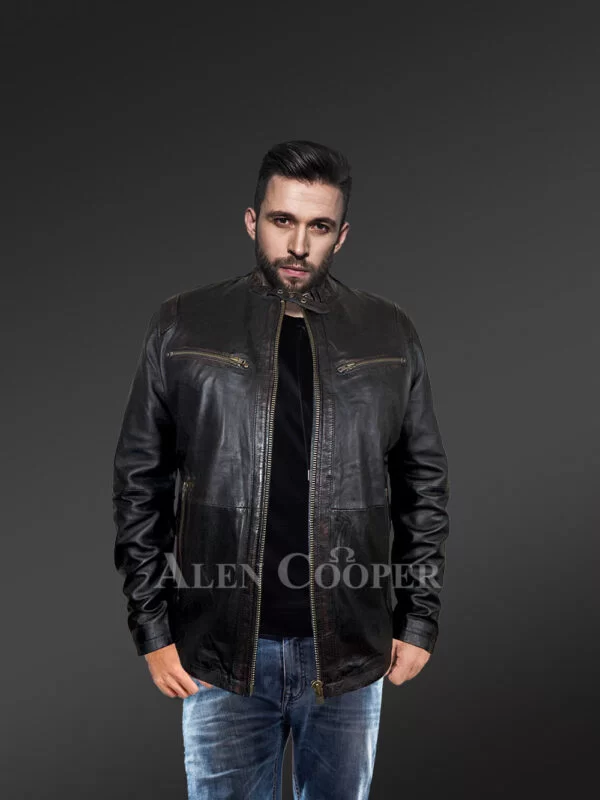Leather Moto Jacket with Band Collar – Step out In Style - Image 2