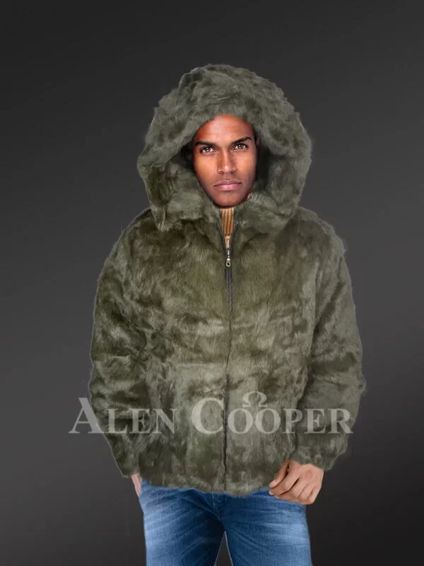 Mens Rabbit Fur Bomber with Hood in Graceful Olive Color - Image 2