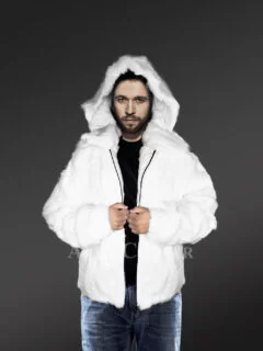 Mens white jacket deals with fur hood