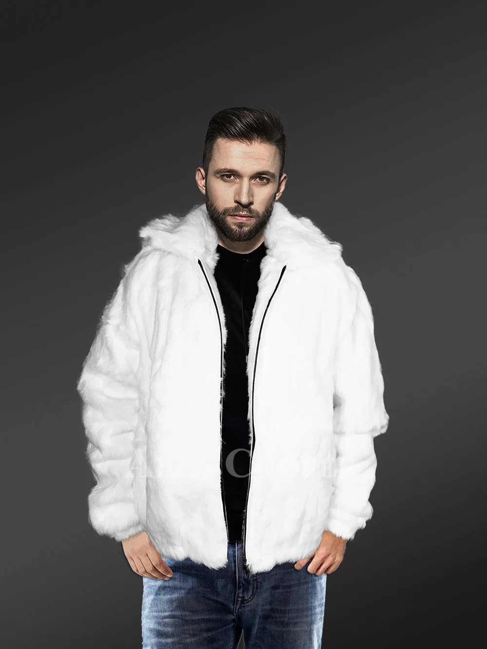 Men Rabbit Fur Coat in White