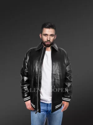 Men Stylish Leather Bomber with a Zip-up Front
