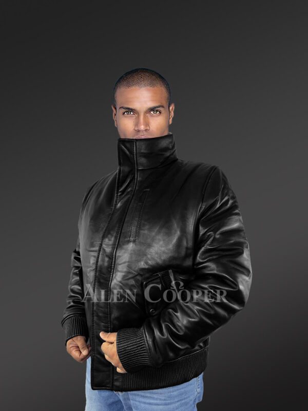 Mens Turtle Neck Leather Bomber Jacket - Image 2