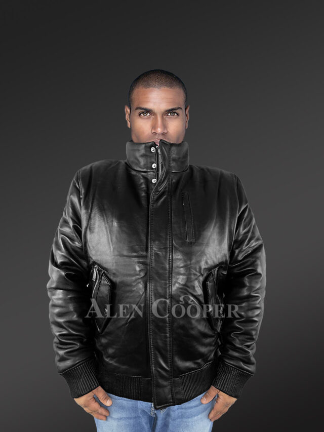 Mens Turtle Neck Leather Bomber Jacket