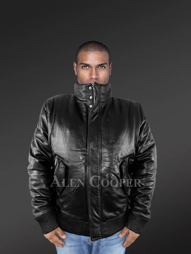 Mens Turtle Neck Leather Bomber Jacket